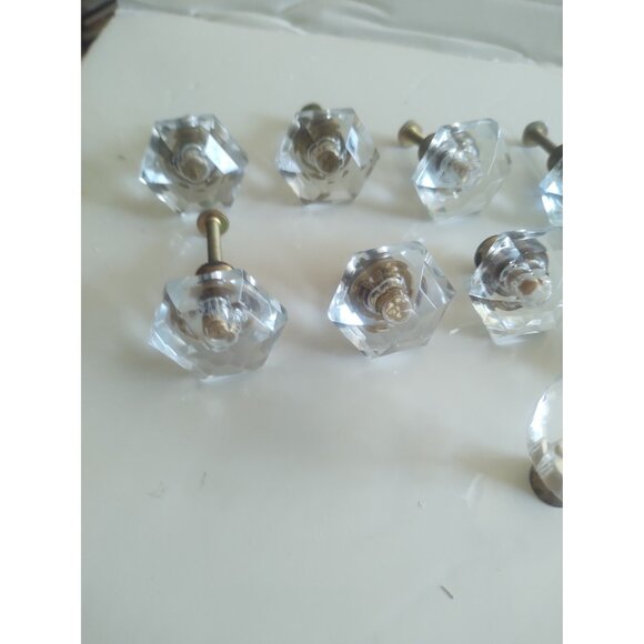 Vintage Cut Glass Drawer Pulls 1 1/4" Hexagonal Brass Inserts (lot of 11) - Picture 11 of 13